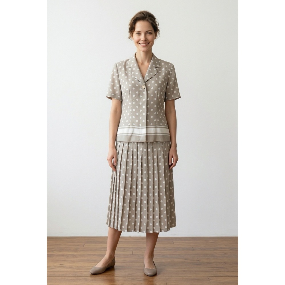 Leslie Fay Petite Skirt Suit Gray Polka Dot 2 Pc Set‎ Vintage 10P Retro Y2K 90s